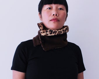 Unisex brown leopard print reversible fleece neck warmer, Neck gaiter, Scarf with button, Unique gift for her or him, Mother day gift