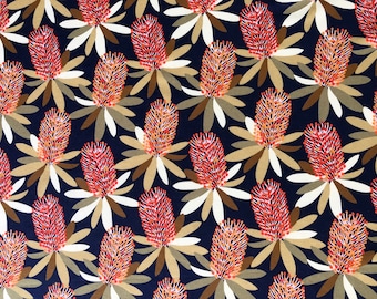 Banksia blooming Australian native floral navy beige quilting cotton fabric by 1/2 yard or fat quarter