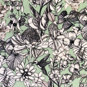 "Fabric pattern featuring 'The Scenic Route' design by talented Australian artist Victoria McGrane. The print showcases a light green background adorned with detailed, sketch-style black and white illustrations of lush tropical flora, including orchids and ferns, beautifully interspersed with scenic birds like parrots."