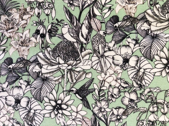 Victoria McGrane The Scenic Route Fabric: Green Parrot & Orchid Sketch Print, Aussie Bird Pure Cotton for Quilting