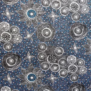 Aboriginal art Warlu bush tucker blue quilting cotton fabric by Half yard or Fat quarter, Australian indigenous art