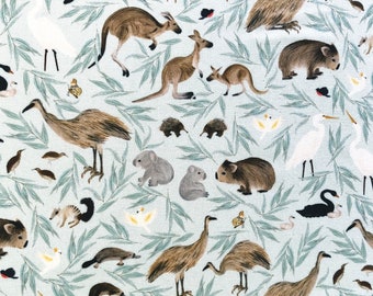 Small Australian animal bird & gum leaves sage quilting cotton fabric by 1/2 yard or fat quarter, Kangaroo wombat koala emu swan fabric