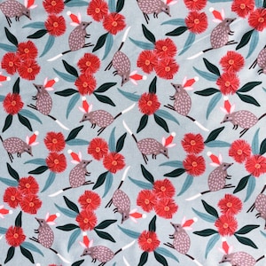 May include: A repeating pattern of red gum blossoms and brown bandicoots wearing Santa hats on a light blue background.