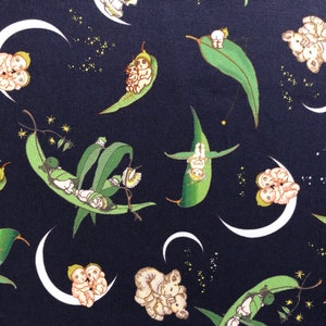 May Gibbs gumnut babies and eucalyptus leaves and koala & moon navy blue quilting organic cotton fabric by 1/2 yard or fat quarter