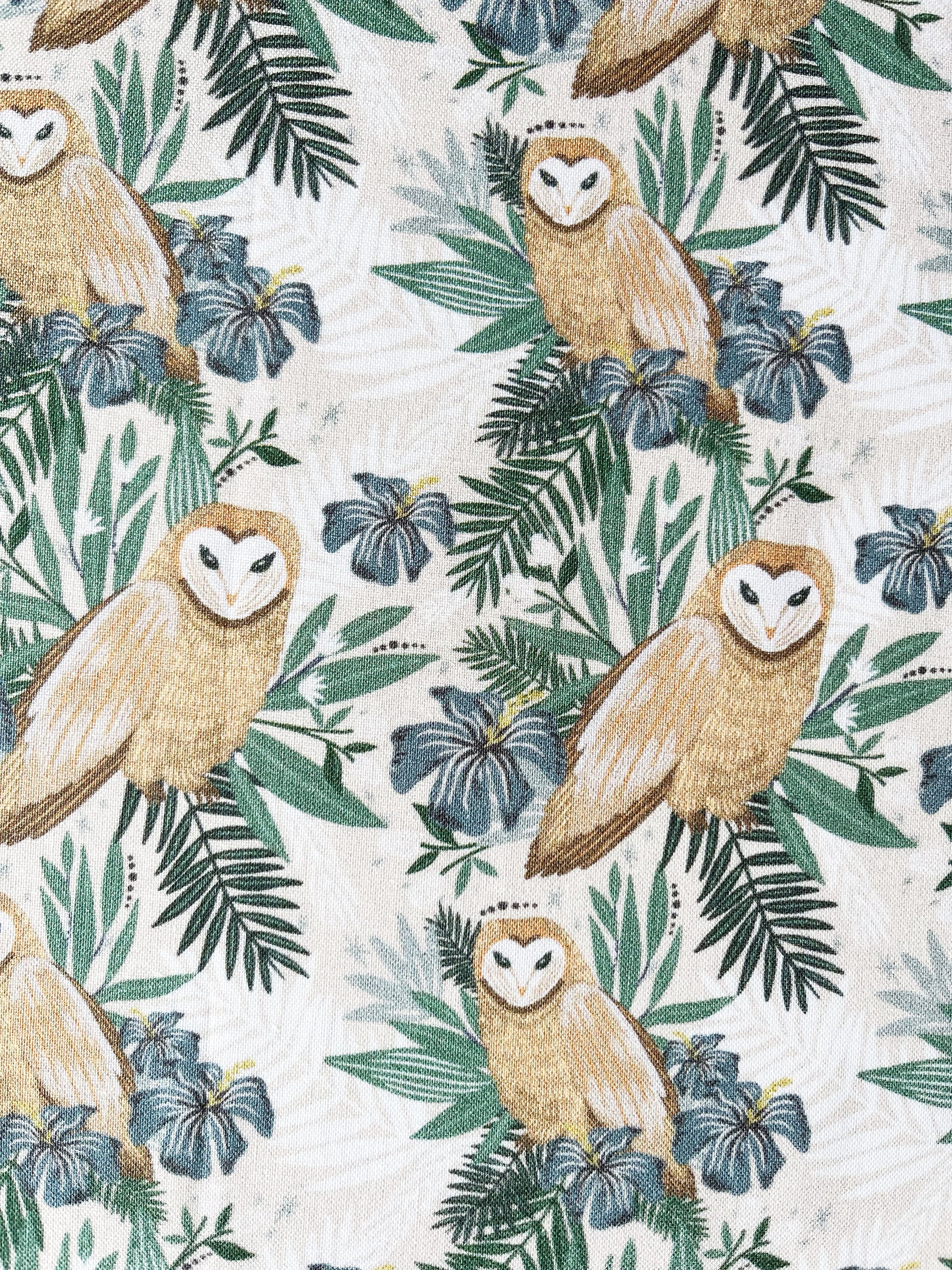 Barn owls in the forest beige floral quilting cotton fabric by Half yard or Fat quarter