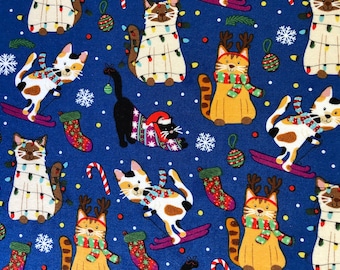 Cute Christmas cats celebration blue quilting cotton fabric by 1/2 yard or Fat quarter, Kitten lover cotton fabric