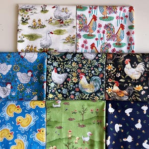 8pcs of Chicken, Duck and Flowers cotton fabrics Bundle
