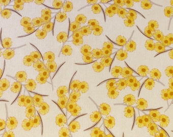 Yellow Wattle Cotton Fabric by the Yard, Australian Native Floral Print, Cream Botanical Quilting Material, Spring Flower Craft Fabric