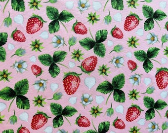 Pink Strawberry Cotton Fabric by the Yard, Sweet Berry Floral Quilting Material, Cute Nursery Blanket Craft Cotto Fabric