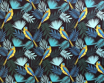 Australian Turquoise Parrot Fabric by the Yard, Navy Blue Tropical Bird Cotton Quilting Fabric, Native Aussie Floral Fat Quarters for Sewing