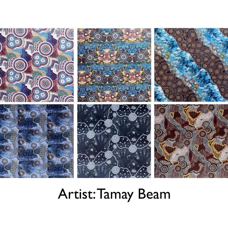 K&ouml;nnte beinhalten: Sechs Stoffmuster mit Mustern der Aborigine-Kunst. Die Designs umfassen Kreise, Punkte und organische Formen in verschiedenen Farbpaletten, darunter Blau, Braun und Rot. Der Text "Artist: Tamay Beam" befindet sich unten.