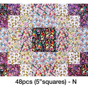 May include: A collection of fabric squares with diverse floral and bird designs. The squares showcase bright colours including pink, purple, green, and red. The text at the bottom reads "48pcs (5" squares) - N".