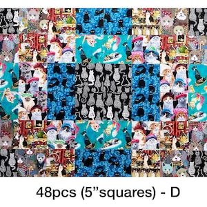 May include: A patchwork of fabric squares with diverse cat patterns. The squares display cats in hats, black cat silhouettes, and cats on a turquoise backdrop. The text "48pcs (12.7cm squares) - D" is at the bottom.