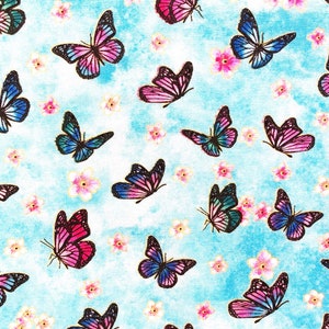 Monarch Butterfly Floral Cotton Fabric: Blue Quilting Material
