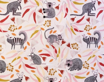 Australian bush animals & gum leaves floral quilting cotton fabric by 1/2 yard or fat quarter, Kangaroo koala possum wombat fabric