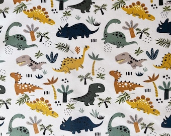 Dinosaur Fabric by the Yard, Jungle Cotton Quilt Fabric for Baby Boy Nursery, Prehistoric Animal Print, T-Rex Brontosaurus Cotton Craft