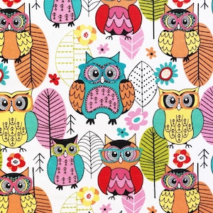 Multicolored owl friends with glasses quilting cotton fabric by half yard or Fat quarter