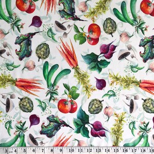 A seamless repeating watercolor pattern on crisp white cotton fabric featuring an array of realistic, vibrant organic garden vegetables. The design includes detailed illustrations of bright red tomatoes on vines, orange carrots with bushy green tops, deep purple beetroots with leafy greens, light green artichokes, white garlic bulbs, and dark purple onions, all interspersed with green leafy foliage against the solid white background.