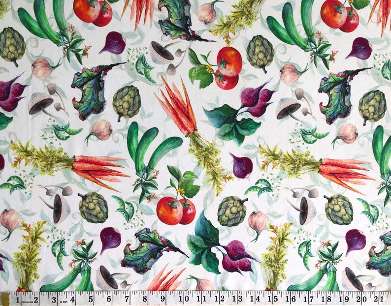 A seamless repeating watercolor pattern on crisp white cotton fabric featuring an array of realistic, vibrant organic garden vegetables. The design includes detailed illustrations of bright red tomatoes on vines, orange carrots with bushy green tops, deep purple beetroots with leafy greens, light green artichokes, white garlic bulbs, and dark purple onions, all interspersed with green leafy foliage against the solid white background.
