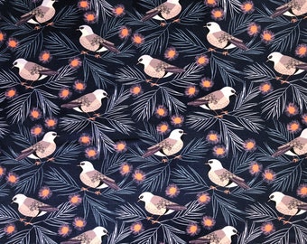 Australian Black-Throated Finch Fabric by the Yard, Navy Blue Grevillea Floral Cotton Quilting Fabric, Native Aussie Bird Fat Quarters