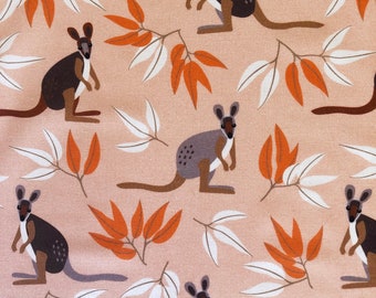 Wallaby & eucalyptus leaves beige or apricot quilting cotton fabric by 1/2 yard, Fat quarter fabric, Australian wild bush animal