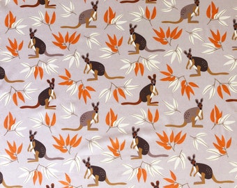 Wallaby & eucalyptus leaves beige or apricot quilting cotton fabric 1/2 yard or Fat quarter, Australian wild bush animal