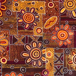 Aboriginal spinifex brown orange floral quilting cotton fabric by Half yard or Fat quarter, Australian wild bush abstract fabric