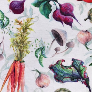 A seamless repeating watercolor pattern on crisp white cotton fabric featuring an array of realistic, vibrant organic garden vegetables. The design includes detailed illustrations of bright red tomatoes on vines, orange carrots with bushy green tops, deep purple beetroots with leafy greens, light green artichokes, white garlic bulbs, and dark purple onions, all interspersed with green leafy foliage against the solid white background.