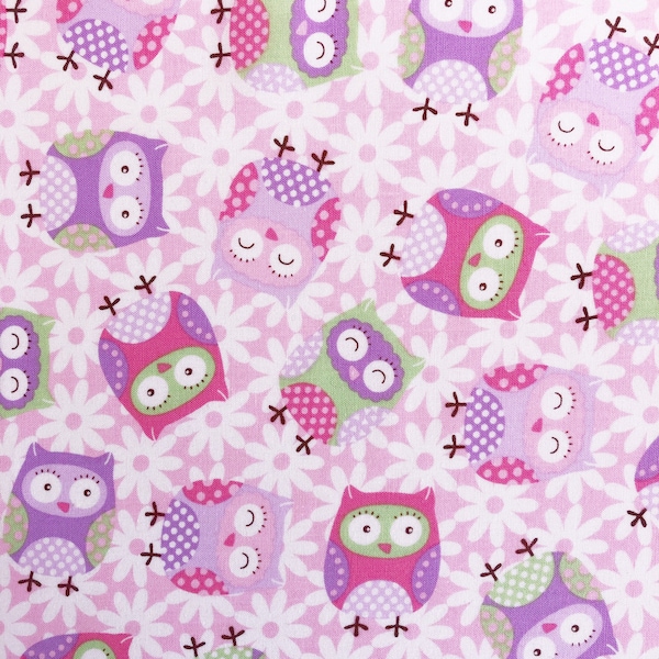 Baby owl and daisy floral pink purple quilting cotton fabric by 1/2 yard or fat quarter