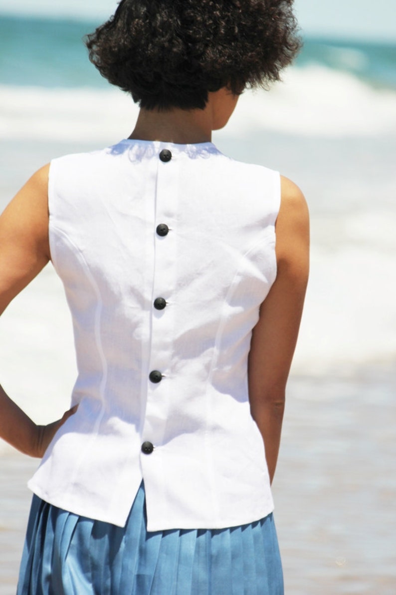 White linen tank top with back buttons, Organic linen top, Green Brown Blue Red Black linen top,Back button blouse, Women linen clothing image 3