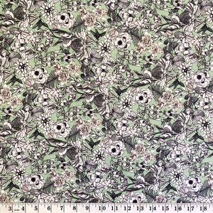 "Fabric pattern featuring 'The Scenic Route' design by talented Australian artist Victoria McGrane. The print showcases a light green background adorned with detailed, sketch-style black and white illustrations of lush tropical flora, including orchids and ferns, beautifully interspersed with scenic birds like parrots."