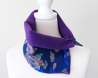 Blue Dragon & Phoenix reversible fleece neck warmer, Neck gaiter, Scarf with button, Unique gift for her or him, Handmade Australia