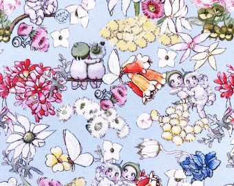 May Gibbs Gumnut Babies Organic Cotton Fabric, Blue Australian Floral Quilting Material by the Yard, Gumnut Friends Nursery Print
