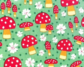Rose & Hubble Mushroom Fabric by the Yard, Toadstool Cotton Material, Red Polka Dot Fungi Green Print, Whimsical Fat Quarter Yardage Cotton