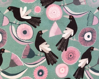 Australian Magpie & Gum Flower Cotton Fabric, Teal Botanical Native Bird Quilting Squares, Fat Quarters or Fabric by the Yard for Crafts