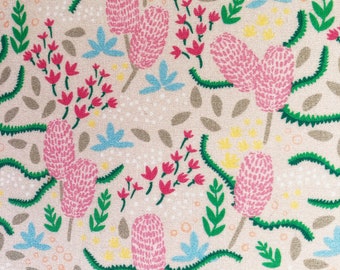 May include: A repeating pattern featuring pink, green, red, and blue floral and leaf designs on a beige background. The pattern includes stylized flowers, leaves, and other botanical elements.