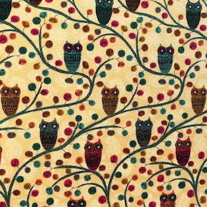 Owls on Branch Cotton Fabric: Mellow Yellow Quilting Material, Australian Bird Flora Quilting