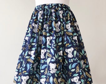 Baby koala kapers navy floral elastic waisted cotton skirt for women, Handmade Australia