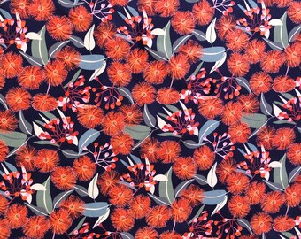 Orange gum flower blooming navy floral quilting cotton fabric by 1/4, 1/2 yard or fat quarter, Australian native floral fabric