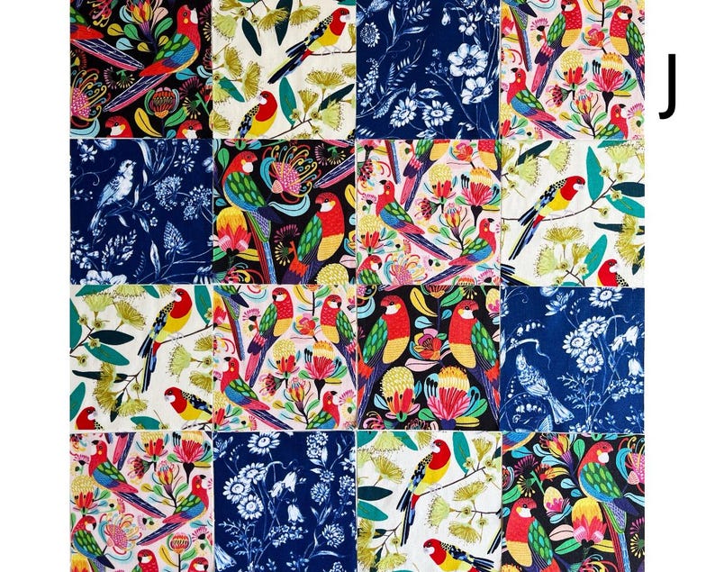 Rosella Bird, Butterfly and Flowers Moonlight Blue Quilting Cotton