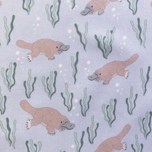 Platypus Seaweed Gray Cotton Fabric: Australian Animal Floral Quilting Cotton Fabric, Baby Blanket Quilting Cotton, By the Yard