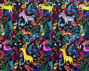 Colourful night jungle floral quilting cotton fabric by 1/2 yard or Fat quarter, Tigger giraffe monkey peacock flamingo,Pink floral elephant