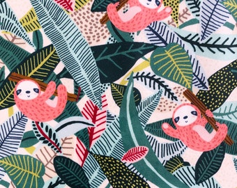 Pink Sloth Rainforest Cotton Fabric, Tropical Jungle Print on Cream, Quilting Fabric by the Yard