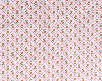 Mini Orange Tulip Fabric, Pink Diamond Grid Floral Cotton Print, Botanical Quilting Material, Spring Flower Fat Quarters for Sewing