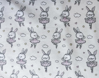 Ballerina Rabbit Fabric by the Yard, White Ballet Cotton Material, Cute Bunny Tutu Heart Print, Baby Nursery Fat Quarter Yardage