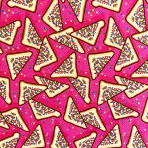 May include: A vibrant pattern featuring triangular slices of toast, each generously topped with colorful sprinkles, set against a vivid pink backdrop. The toast has a light brown crust and a white interior. Small, colorful dots are scattered throughout.