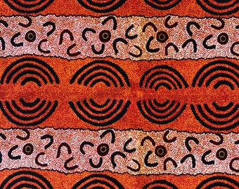 Aboriginal art Maureen indigenous women's ceremony abstract black orange quilting cotton fabric by 1/2 yard or fat quarter