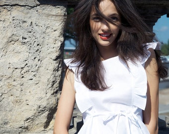 White ruffled linen top, Pleated linen top, Victorian linen top, Organic linen tank top, Bohemian linen blouse, Blue Black Red linen top