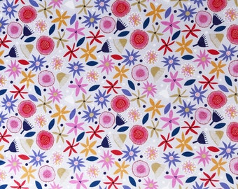 Pink Gum Blossom & Abstract Floral Cotton Fabric, Light Gray Australian Botanical Print, Quilting Fabric by the Yard