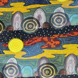 Aboriginal art abstract blue yellow dreaming quilting cotton fabric by Half yard or Fat quarter, Australian indigenous art